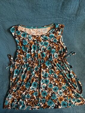 Handmade Sleeveless Floral Tie-Waist Babydoll Top in Teal and Brown